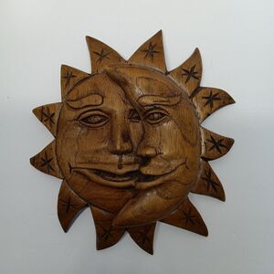 Vintage Hand Carved Wooden Sun Moon Wall Hanging 3D Celestial Face Folk Art Boho